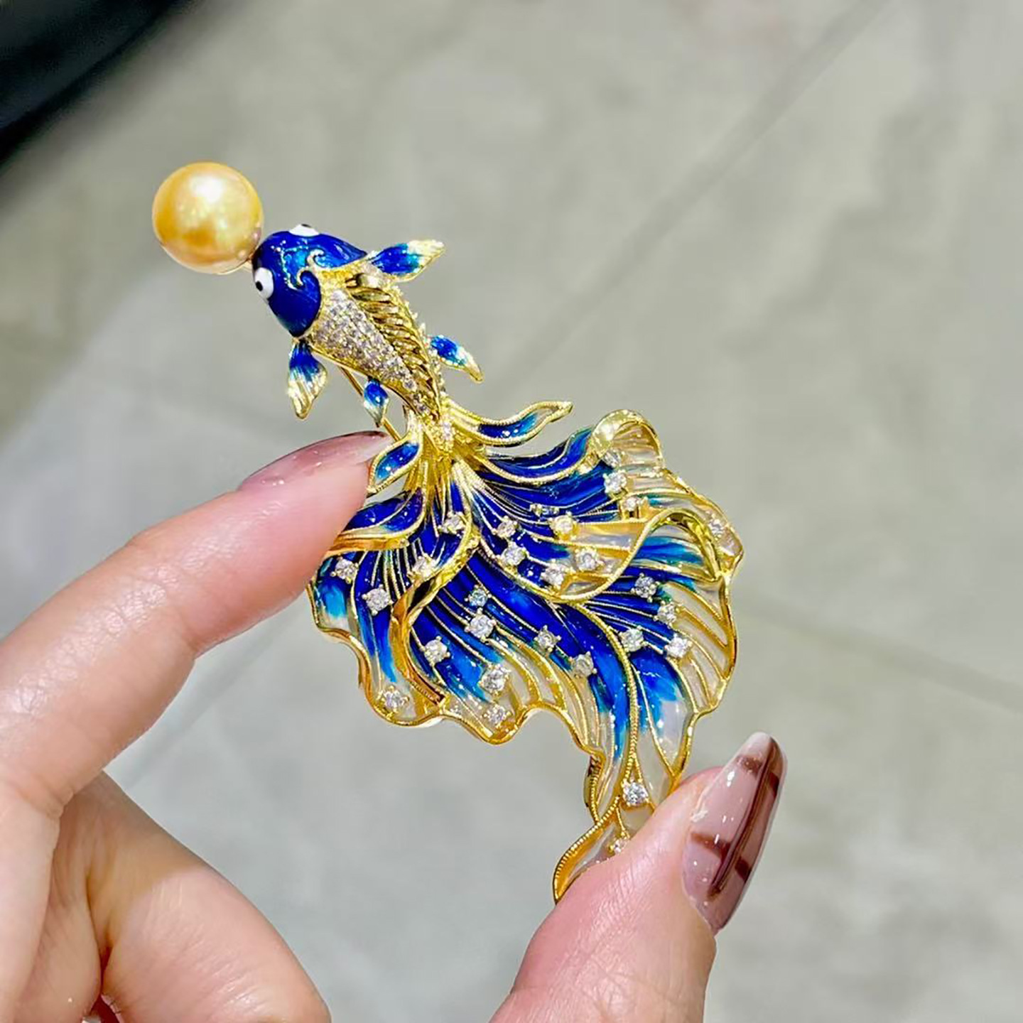 DIY accessories, Chinese-style enamel koi fish brooch, 3D gold-plated fish tail, cubic zirconia pin, pearl brooch setting