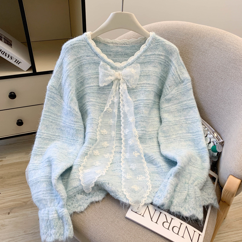 Recommended for Self-Retention ~ Lace Bow V Neck Knitwear for Women, Autum New Lazy Style Bell Sleeve Age-Reducing Knitwear