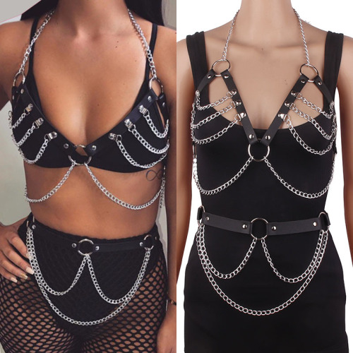 European and American cross-border combination sexy exaggerated neck collar chest chain waist chain leather alloy chain multi-layer tassel jewelry