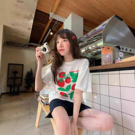 原版重磅纯棉番茄印花休闲短袖t恤女白色班服logo订做宽松款上衣