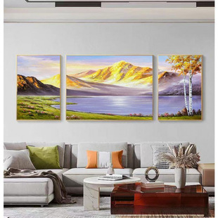 Sf Pure Hand-Painted Oil Painting Sunrise Golden Mountain Sofa Background Wall Mural Living Room Triptych Oil Painting New Chinese Style Hanging Painting Style