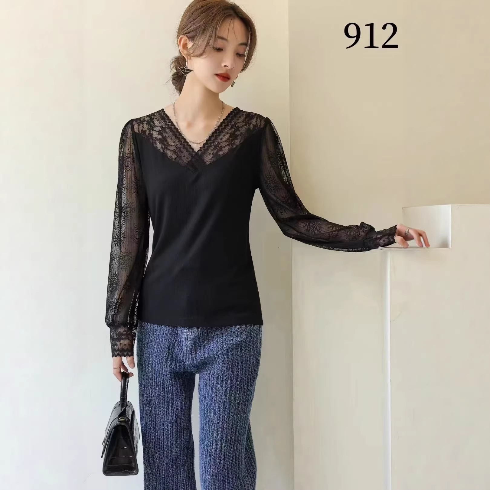 912 Sexy Lace Soft High Elastic Women's Base Layer Moisturizing Shirt Long-Sleeved Mesh Top V-Neck Base Layer