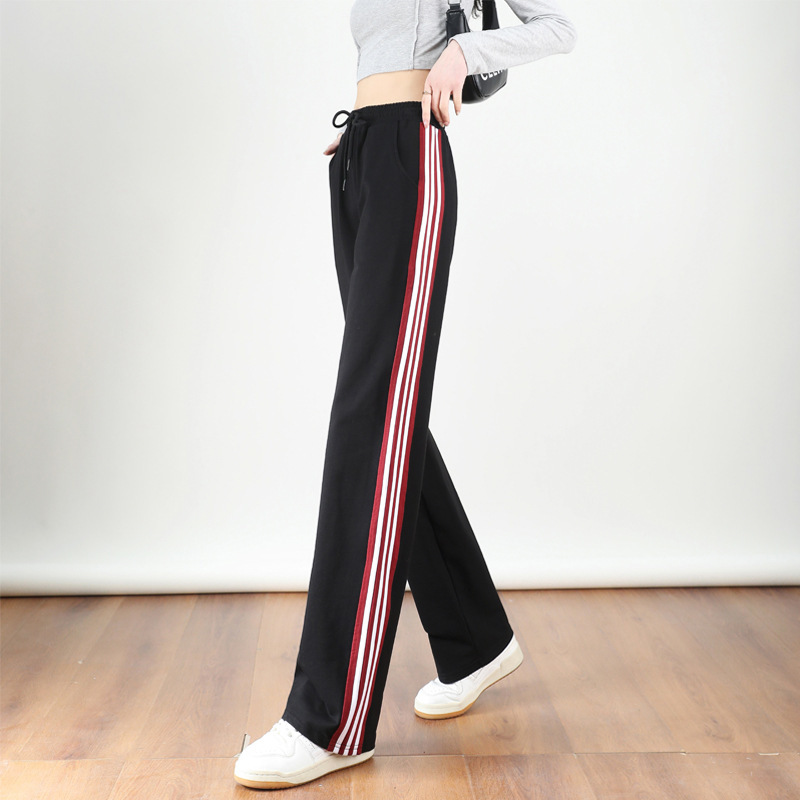 Wide Leg Pants Women's Spring and Autumn New High Waist Dape Drawstring Pants Casual Loose Straight Slim Side Striped Sports Pants