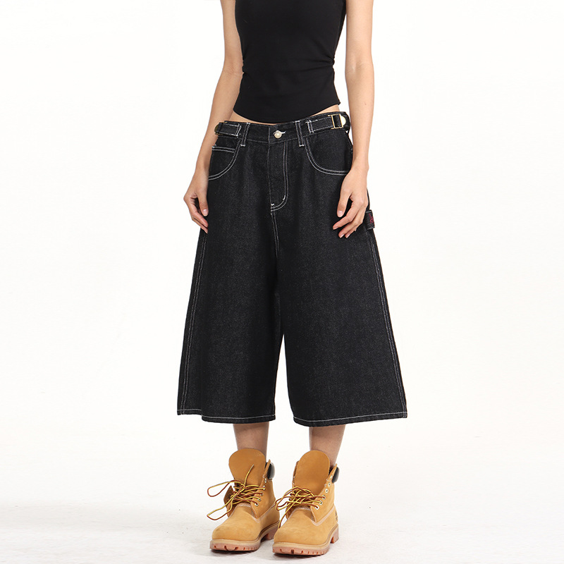 Men's American Vintage Adjustable Waist Cargo Capri Pants Unisex Baggy Denim Short Casual Streetwear Pants_viptrois.com