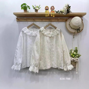 Heavy Embroidered Llace Collar Long-sleeved White Shirt Women's Fresh Sweet Round Neck All-match Loose Pullover Top