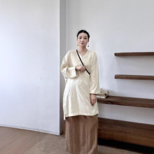 2025早秋新款简约宽松中长裙法式垂感连衣裙V领百搭气质国风长裙