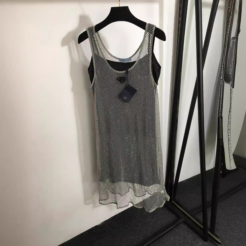 2025 New Cross-Border Metal Triangle Logo Mesh Cut Out See-Through Camisole Dress with Suspender Lining