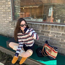 可爱修狗打底衫长袖条纹针织衫圆领系开衫慵懒新款女上衣