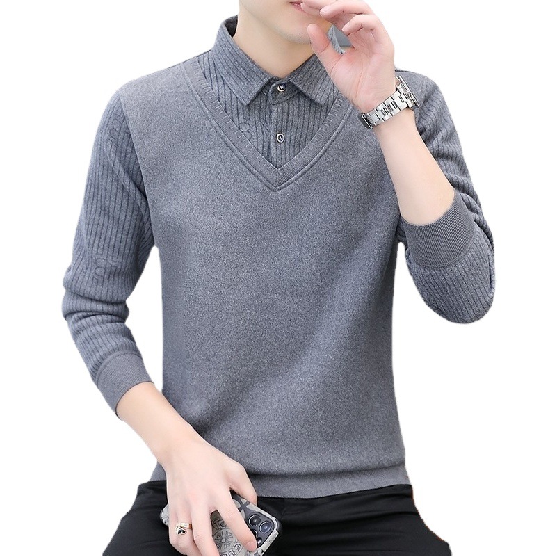 Luo Meng Velvet Thickeneded Sweater Men's Fake Two-Piece Knitted Bottoming Shirt 2025 New Autumn and Winter Shirt Collar to Heattech and Explosion