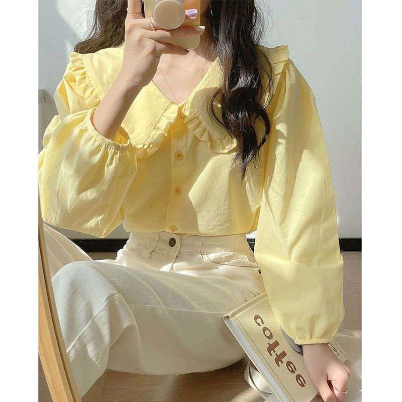 女性用ミルクイエロー長袖シャツ春フレンチレトロドールカラートップデザインニッチミルクスイートシャツ|undefined