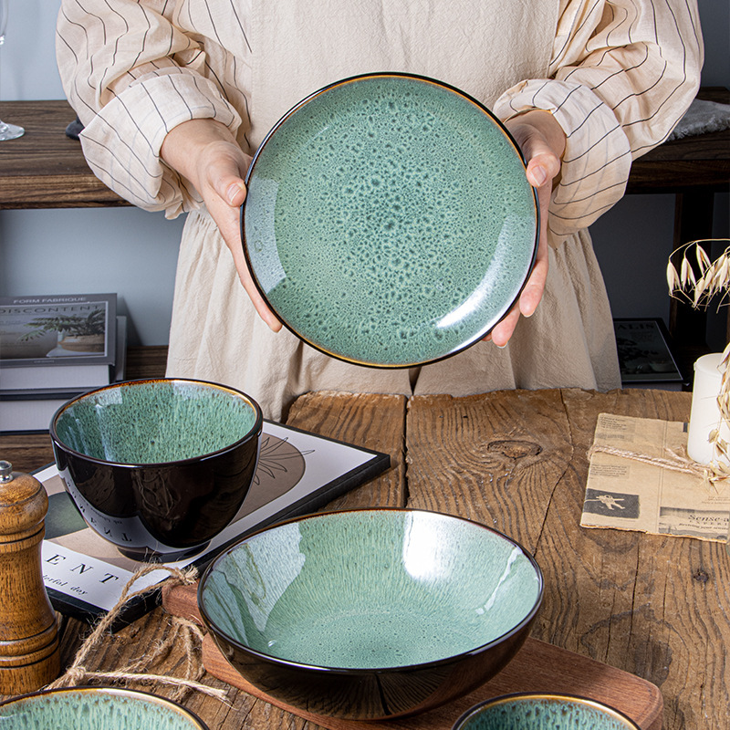 Ceramic Tableware Steak Plate Salad Bowl Noodle Bowl Dish Bowl Kiln-Fired Peacock Bowl Chopsticks Instant Noodles Nordic Style Retro Home Use
