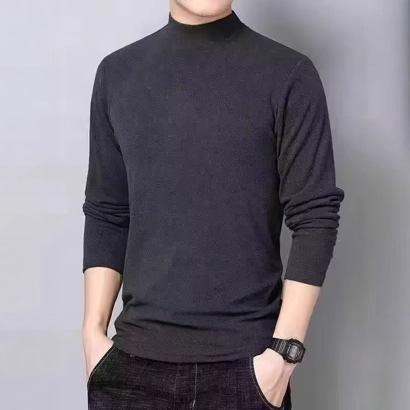 공장 도매 양면 벨벳 하프 하이 칼라 긴팔 티셔츠 남성용 봄과 가을 기모 따뜻한 스웨터베이스 셔츠 착용