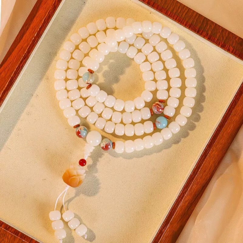 White Bodhi Root 108 Beads Original Design Bodhi Root Multi-Circle Bracelet Literary Play Rosary for Men and Women Necklace