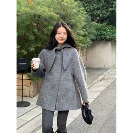 现 2025秋冬季新款韩国东大门兔耳朵羊毛中长款毛呢大衣外套