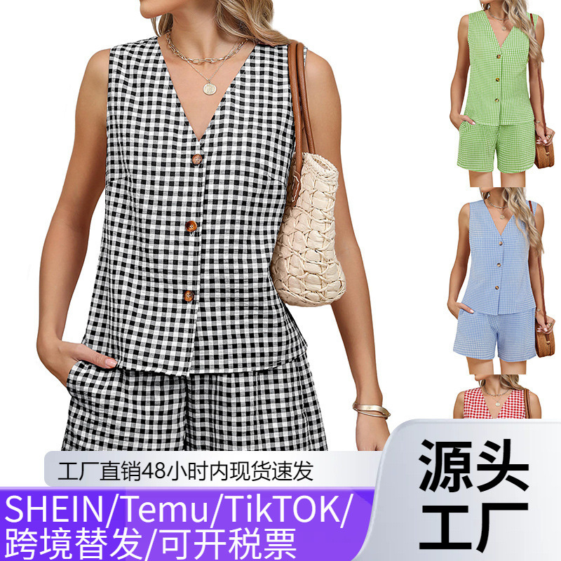 Cross-Border Amazon Women's Clothing European and American Two-Piece Vacation Outfit Short Suit Linen Plaid Vest Linen Dress