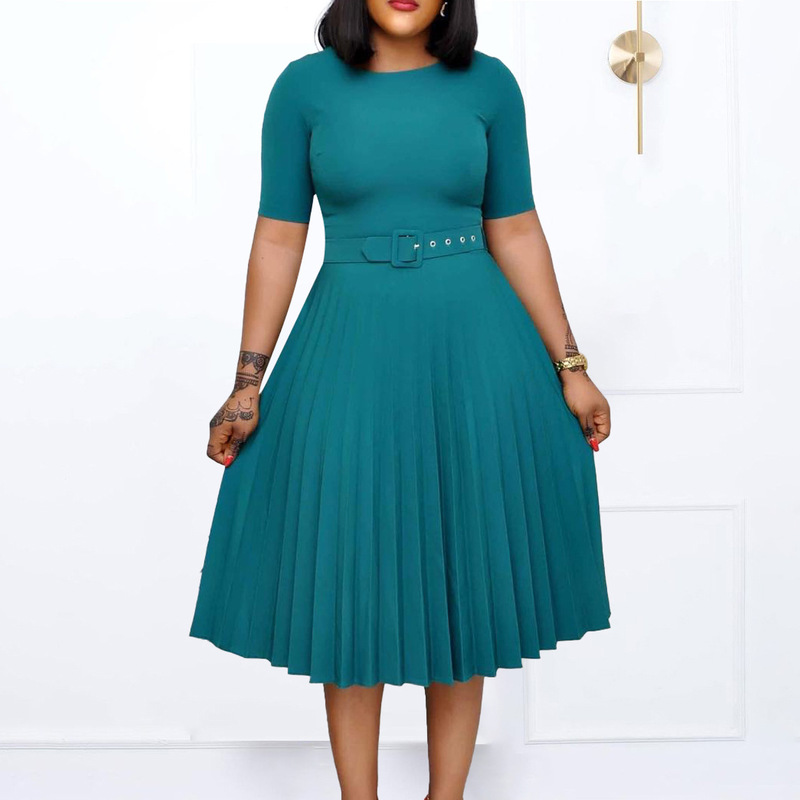 D3292 Cross-border New European and American Amazon Crewneck Mid-length Pleated Skirt plus size Africa Cross-border African dress