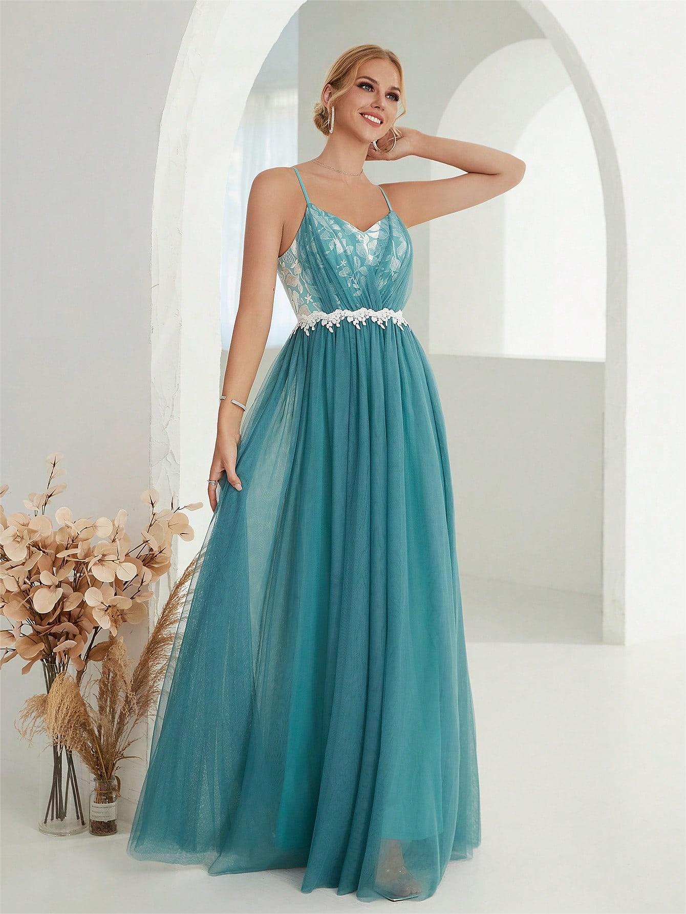 Women Suspender Evening Dress Mesh Cross Fold Lace Contrast Color Maxi Dress Summer