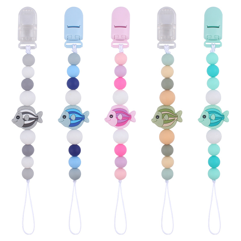 Nuevo bebé suministros chupete cadena creativa bebé dibujos animados pescado silicona mordedura molar anti-gota cadena