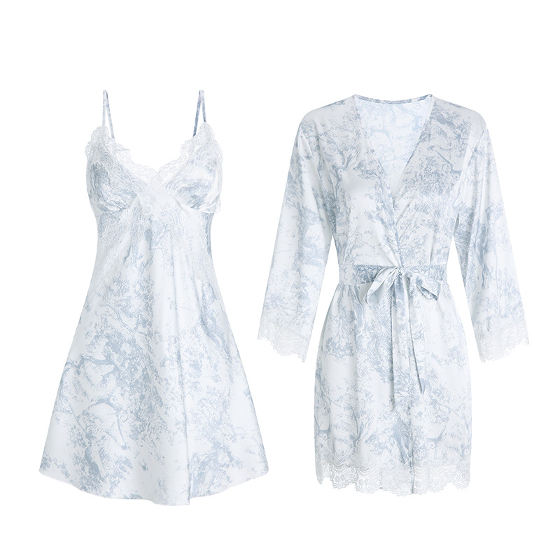 DZ Guiruo New Chinese Printed Satin Lace with Chest Pad Slim-fit Sling Nightgown Home Clothes suit 3809