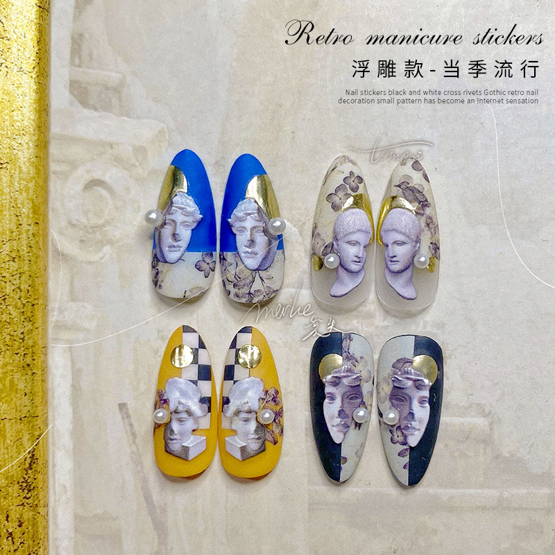 Nombre conjunto de papel adhesivo de uñas en línea popular alivio 5D estatua tridimensional yeso cabeza retrato artístico calcomanías de uñas patrón pequeño