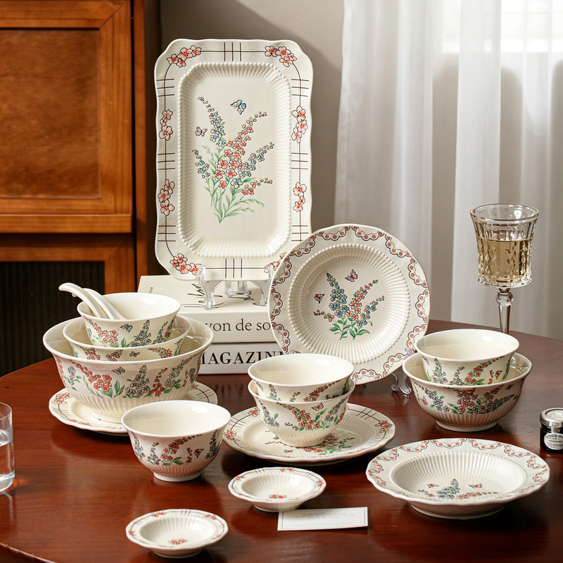 Wholesale Vintage Pastoral Ceramic Bowl and Plate Set, Underglaze Color Housewarming Tableware, High Aesthetic Rice Bowls and Home-Use Plates