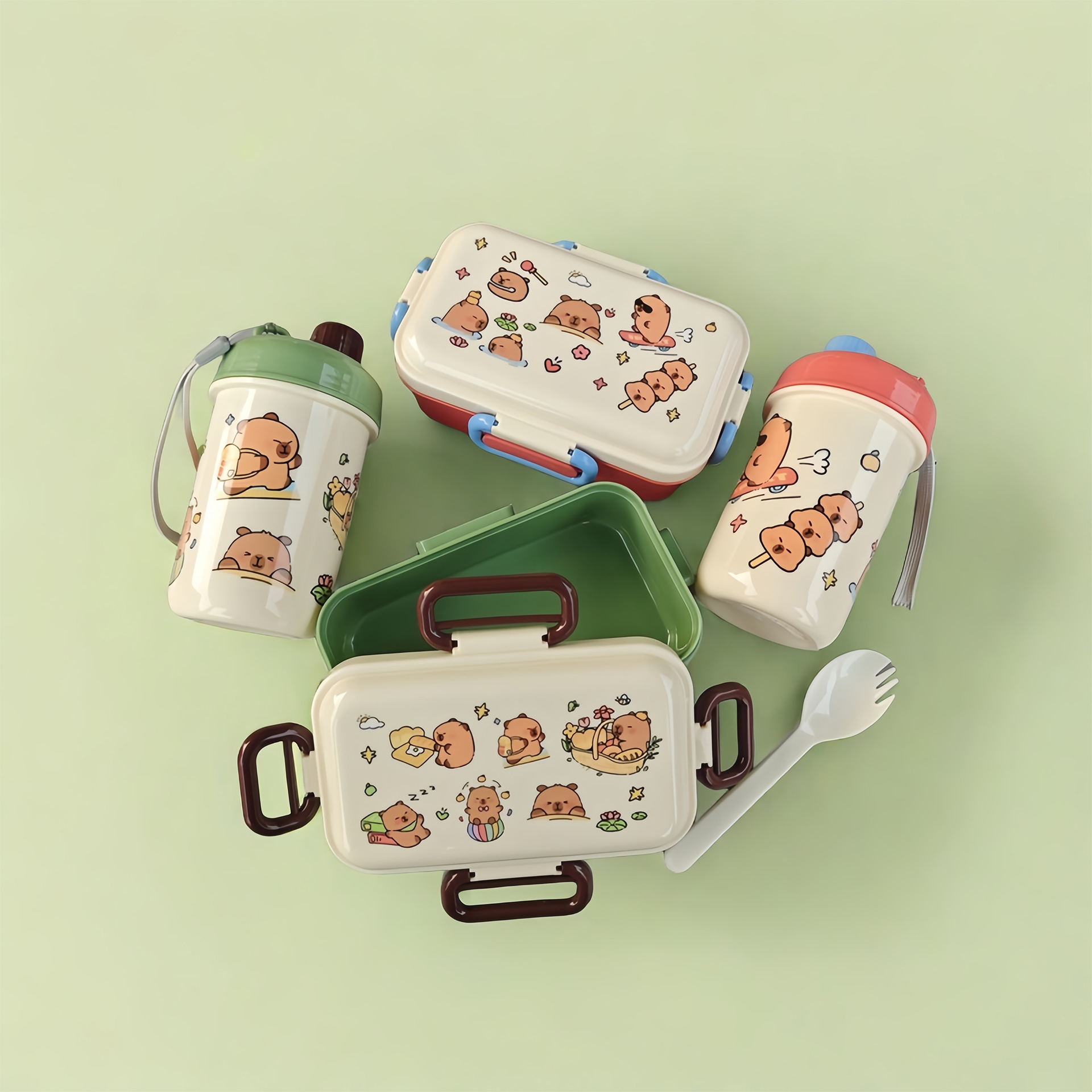 Juego de botella de agua de lonchera de dibujos animados de venta caliente para estudiantes y niños, caja bento de alto valor de color lindo con taza de agua potable directa