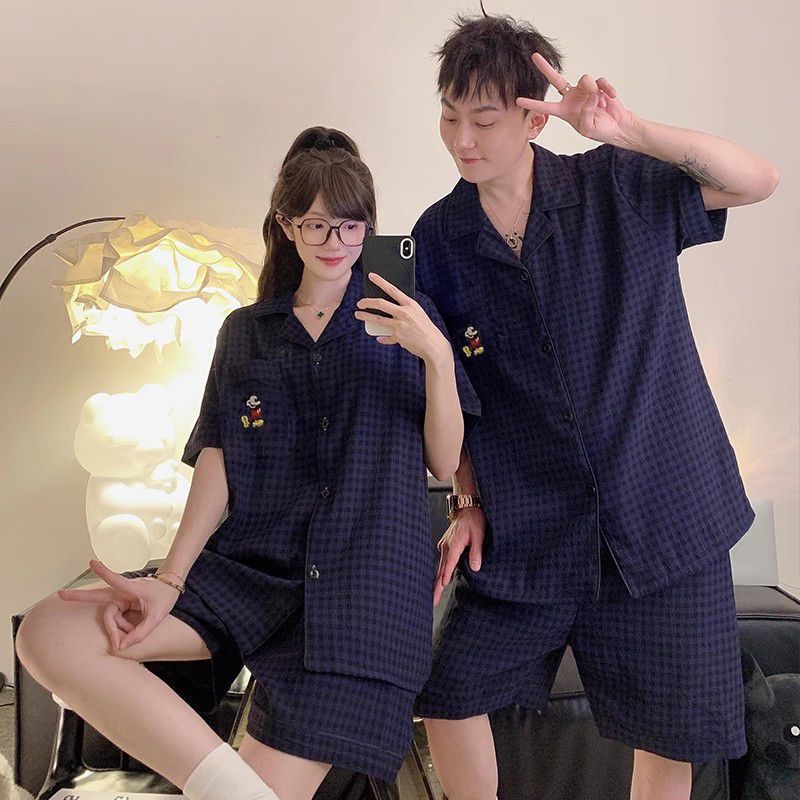 블루 체크 무늬 미키 반소매 반바지