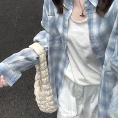 薄款防晒衬衫上衣女夏设计感宽松慵懒长袖蓝色条纹设计感休闲衬衣