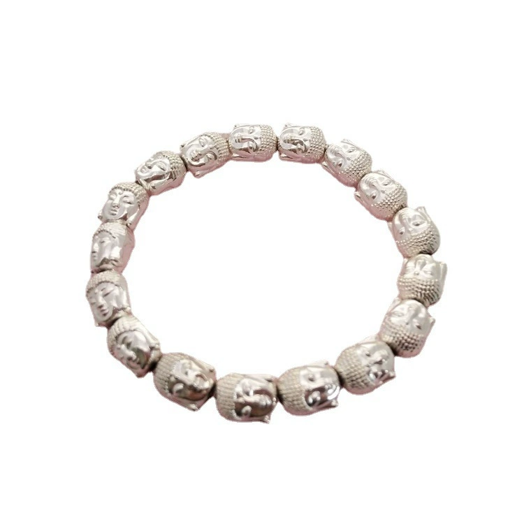 Bracelet Maitreya double-sided Buddha head, 19 cm diameter, ~48 g, silver-white beads
