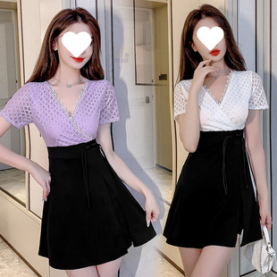 New Korean Style V Neck Lace Hook Pattern Niche Fashionable Spring Gentle Style Dress Two-Piece Set
