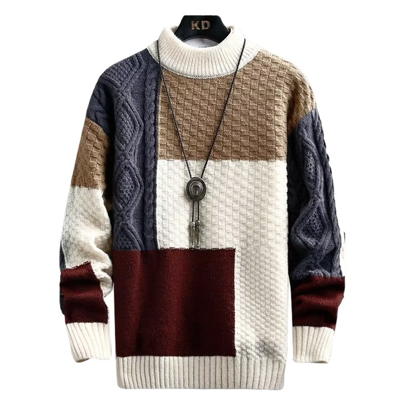 Suéter Masculino 2025, Otoño e Invierno, Estilo Japonés, Grueso, Patchwork, Versión Coreana, Prenda de Punto Moderna, Capa Base, Suéter Masculino al por Mayor