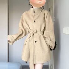 秋冬中长款双面绒毛呢外套女显瘦法式立领小个子短款呢子大衣
