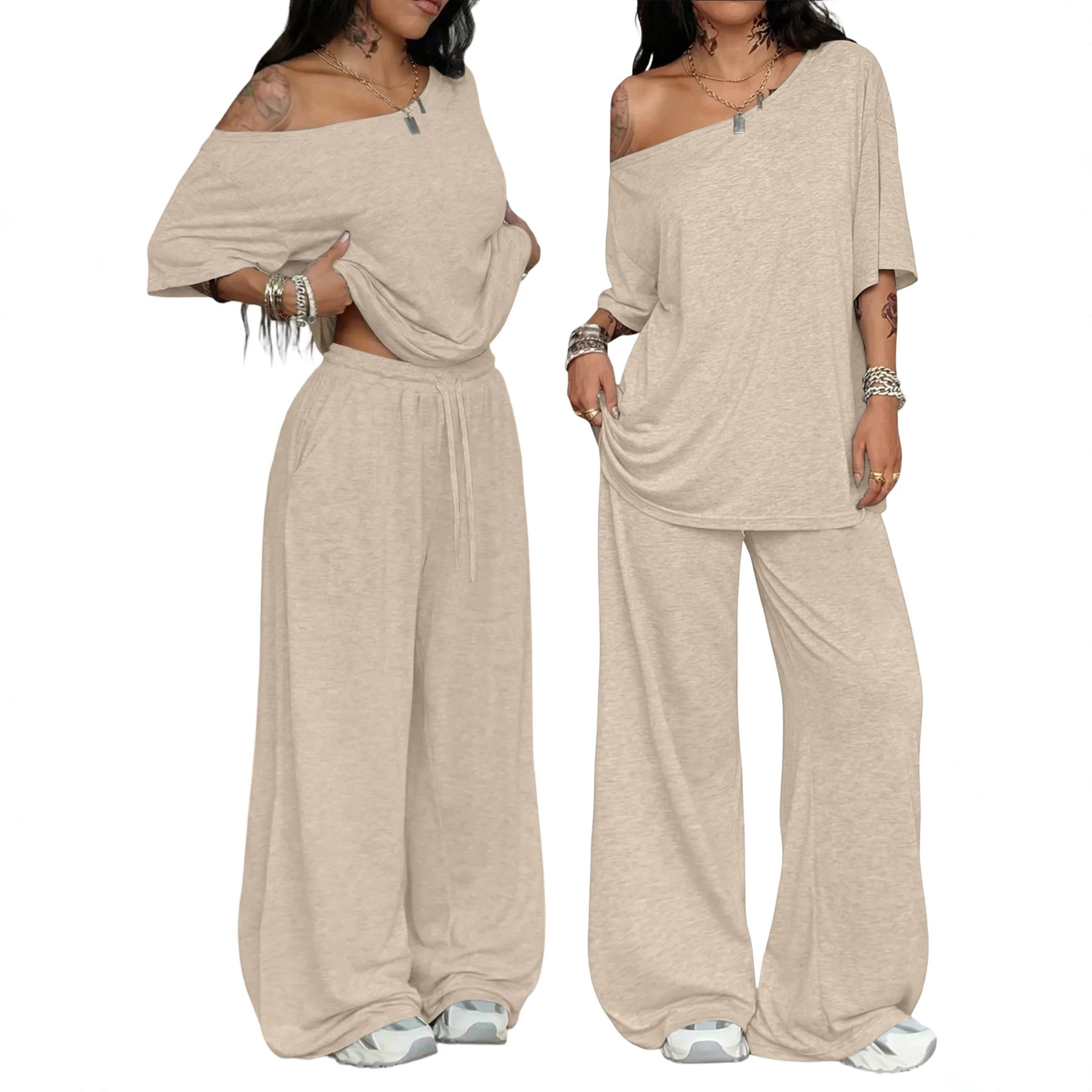 Women's Clothing Spring/Summer Women's Casual Wide Leg Pants Suit Solid Color Sports Two Piece Loose Trousers_voghion.com