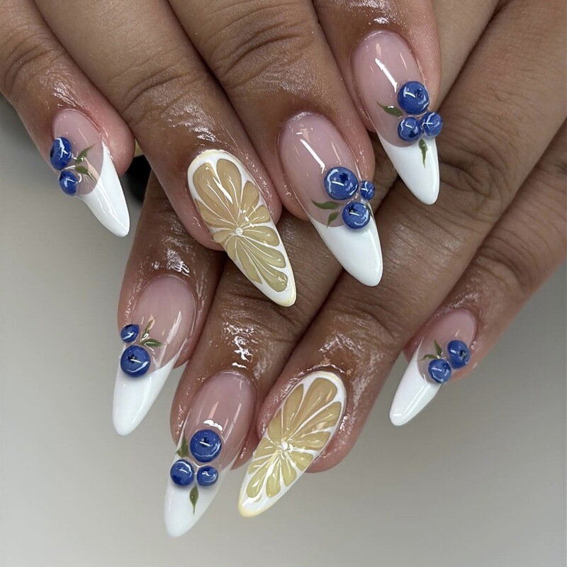 Foreign Trade Wear Nail Pieces Summer Three-dimensional Lemon Blueberry French Sweet Middle Almond Nail Art False Nail Nail Art Nail Pieces