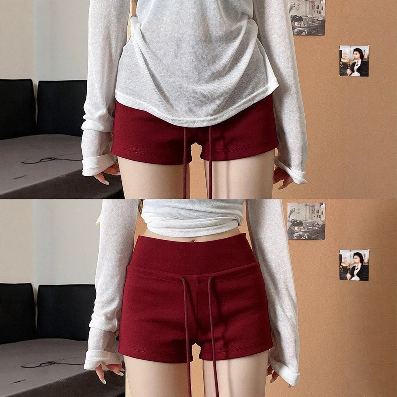 Red Spicy Girl Sports Shorts for Women, Summer Slimming High-Waisted Drawstring Wide-Leg Pants, Yoga Shorts with Arm-Hugging Design