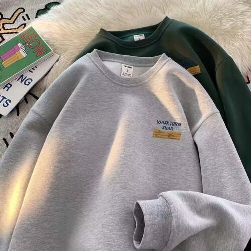 American cool retro heavy round neck hoodie men's winter lined loose trendy brand cool top