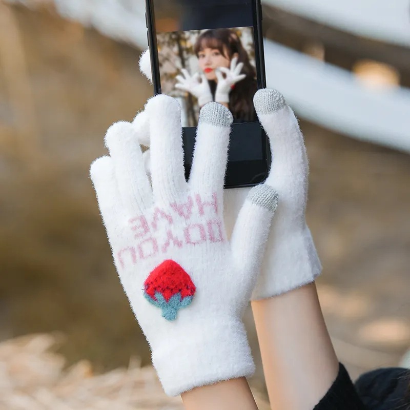 韓國甜美可愛草莓保暖手套戶外騎行防寒防風手套觸屏針織騎行手套