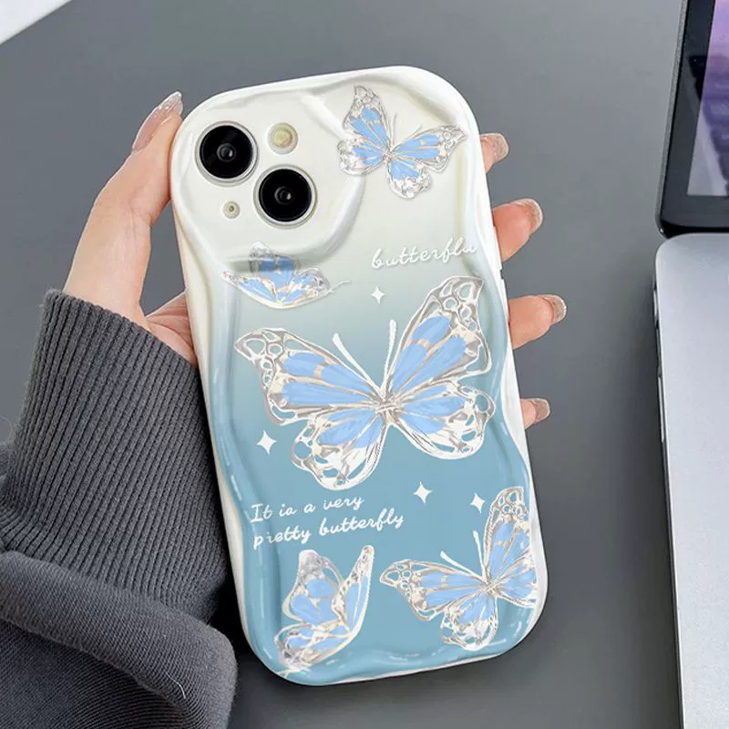 Чехол для iPhone (Apple) 7–15 Pro Max, голубая блестящая бабочка, прозрачный ТПУ