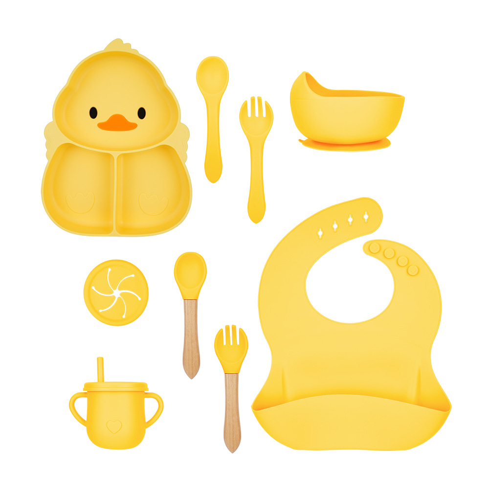 오리 스타일 노란색 디너 접시 + 실리콘 포크 + 스푼 + 그릇 + 쌀 주머니 + 컵 + 뚜껑 2개 + 나무 포크와 스푼 10종 세트