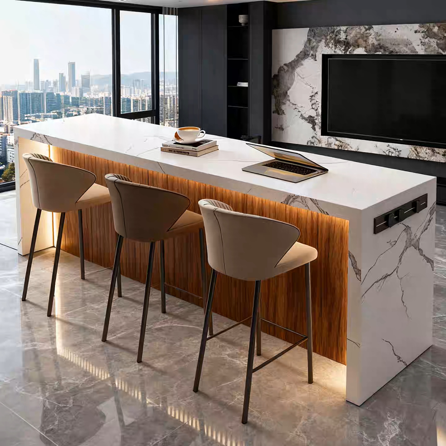 Customized Living Room Partition Bar Table with Sofa Backrest, Backrest Rock Slab Bar Counter, Island Table and Dining Table Integrated