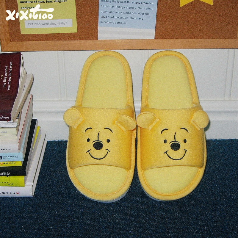 Thin Strips of Cute Winnie the Pooh Floor Shoes for Men and Women Ins Cute Couple Spring and Summer Home Sweat-Absorbent Cotton Slippers