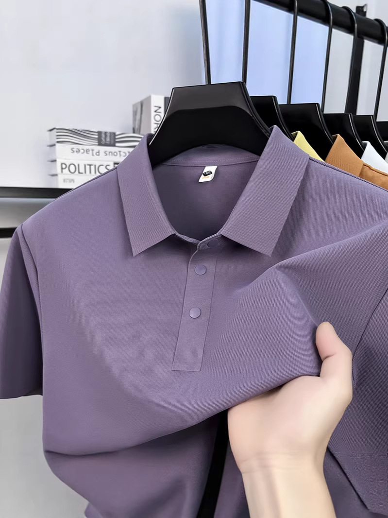 Seamless Nylon Polo Shirt, New Summer Style, Three-Button Split Hem, Men's High-Quality Solid Color Casual Popular T-Shirt