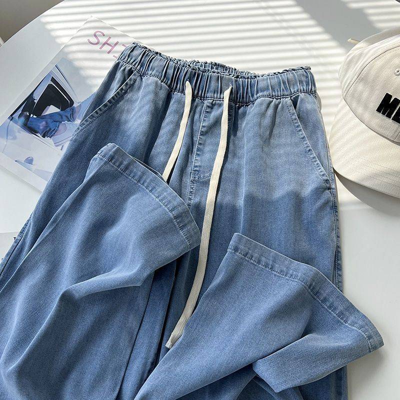 Elastic Waist Jeans for Women 2025 Summer New Style Cool Elastic Belt Rope Design Loose Slimming Look Pants