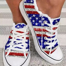 银红蓝星星印花帆布鞋女大码欧美复活节条纹国旗系带平跟休闲单鞋