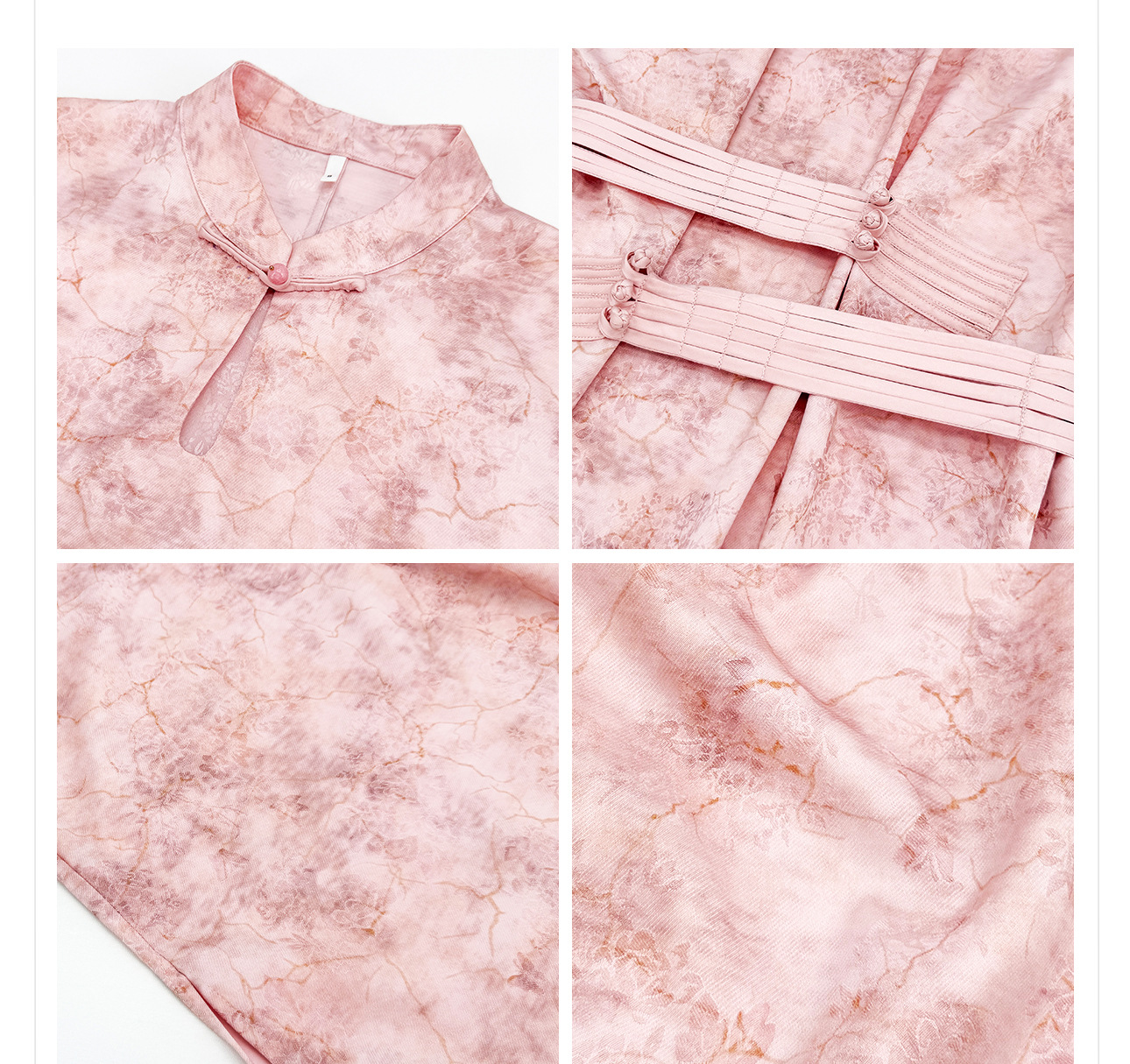 Đầm maxi nữ thắt eo thiết kế jacquard họa tiết hoa văn cổ điển, tay ngắn, cổ đứng — màu hồng chi tiết 19