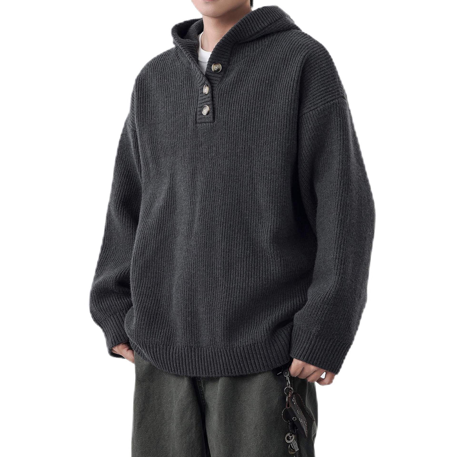 Explosiones transfronterizas de tamaño europeo suéter de punto con capuzas hombre flojo viento medio abierto botón fábrica de marea al por mayor