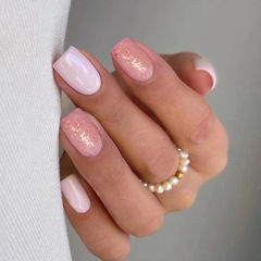 Pink and white medium and long-lasting nail art with sparkles and rhinestones, fake nail with rubber texture, pink and white solid color wearable nail pieces