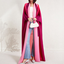 跨境热卖褶皱风衣外套外贸中东女装渐变宽松大码胖mm系带披肩长袍