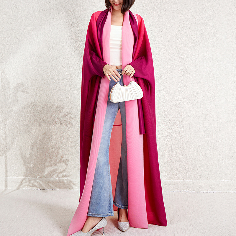 Cross-Border Hot-Selling Pleated Trench Coat Jacket, Foreign Trade Women's Clothing, Gradient Loose Plus-Size Dress with Tie-Up Shawl for Plus-Size Women