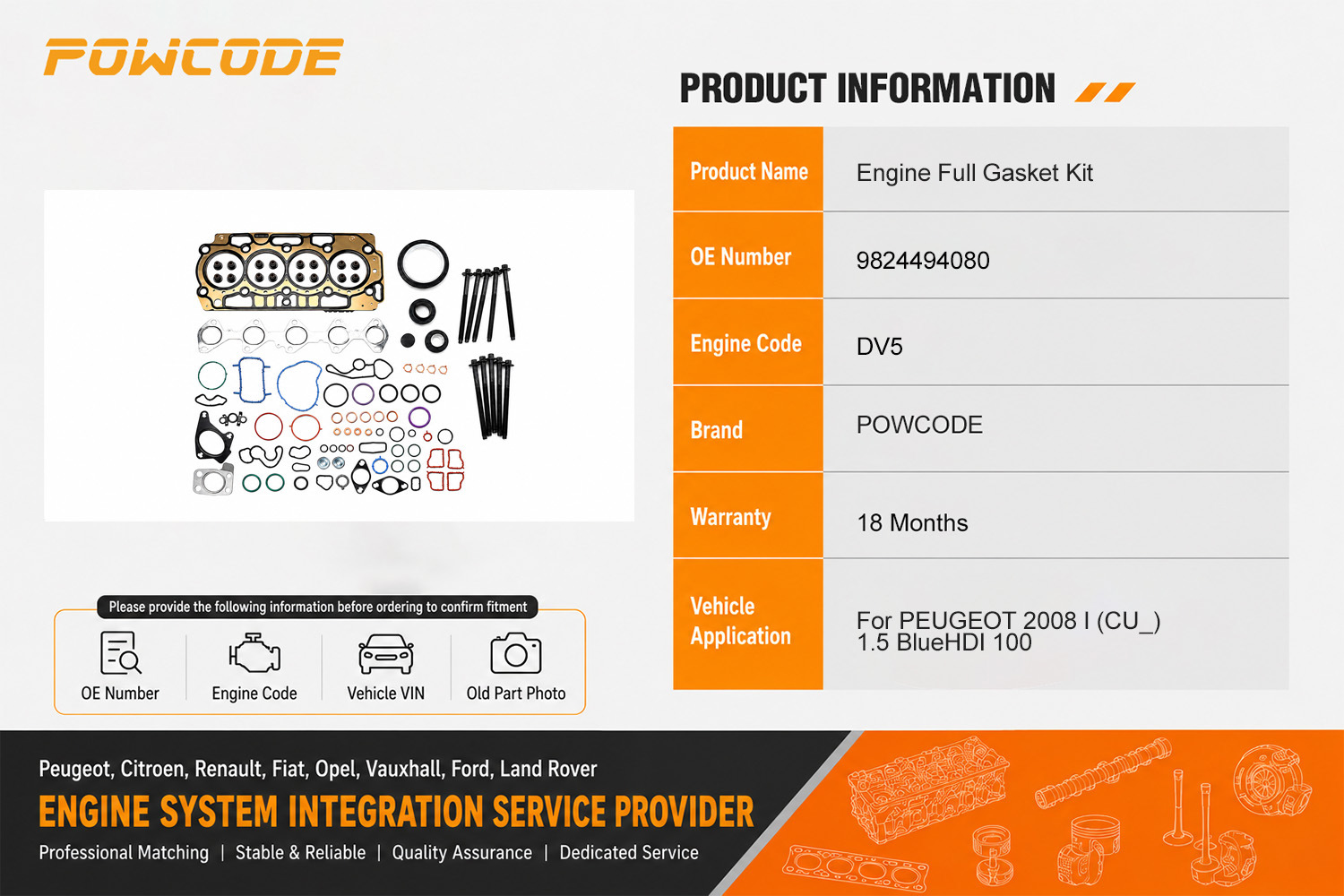 9824494080 engine repair kit is suitable for Peugeot Citroen Ford DV5 1.5HDi 020557